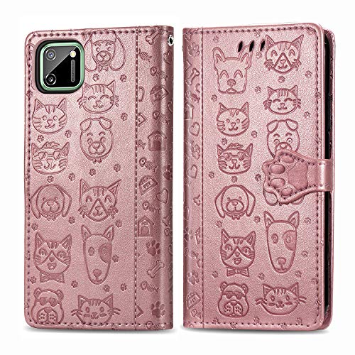 Abuenora Funda para Realme C11, Carcasa Libro con Tapa Flip Case Antigolpes Cartera Polipiel Cuero Suave Guay Cubierta Color Oro Rosa