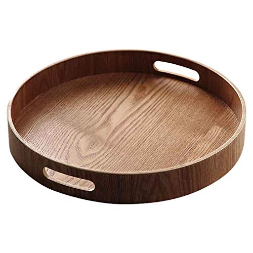 ACAMPTAR Bandeja Redonda de Madera de Bambú para Bandejas de Cena Barra de Té Desayuno Contenedor de Alimentos Manija Bandeja de Almacenamiento # 1