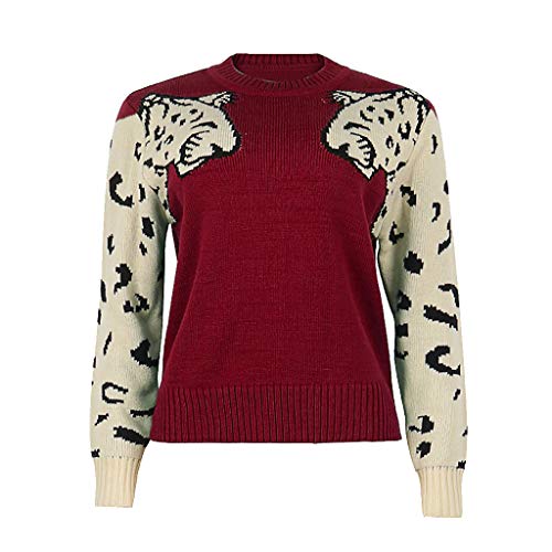 acction Suéter de Punto con Estampado de Leopardo y Cuello en V para Mujer Jersey Suelto Camisa Tops Pullover de Manga Larga