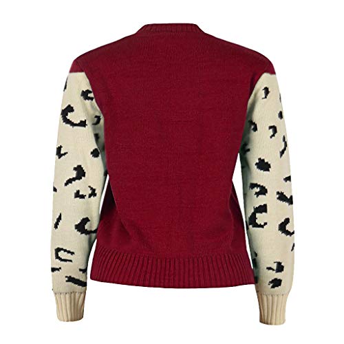 acction Suéter de Punto con Estampado de Leopardo y Cuello en V para Mujer Jersey Suelto Camisa Tops Pullover de Manga Larga