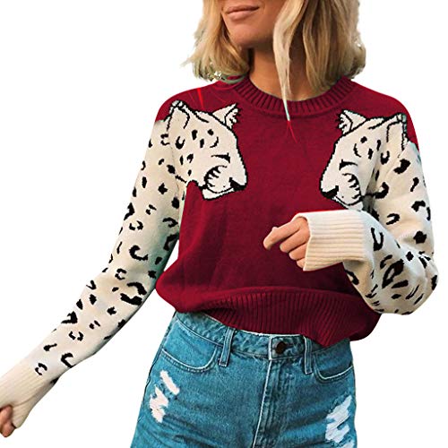 acction Suéter de Punto con Estampado de Leopardo y Cuello en V para Mujer Jersey Suelto Camisa Tops Pullover de Manga Larga