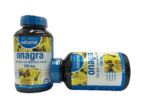 Aceite de onagra 500 mg 240 perlas + vitamina E naturmil sin gluten, sin lactosa, sin azúcar, sin almidón, libre OGM, 10% gla