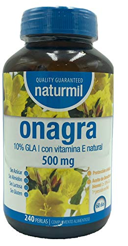 Aceite de onagra 500 mg 240 perlas + vitamina E naturmil sin gluten, sin lactosa, sin azúcar, sin almidón, libre OGM, 10% gla