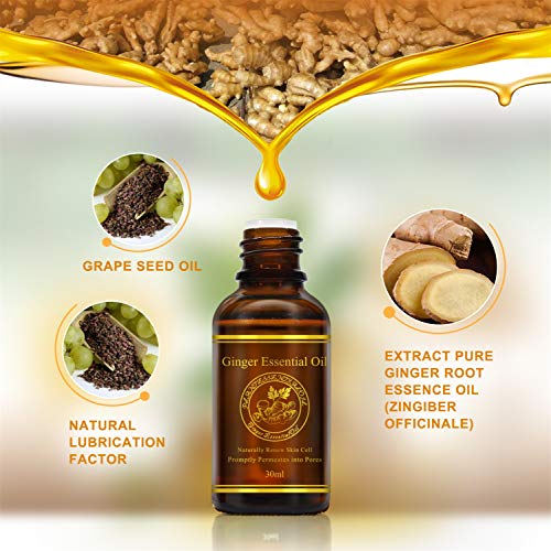 Aceite Esencial de Jengibre 100% Puro Aceite Natural Raíz de Jengibre Aceite para el Drenaje Linfático, Promover la Circulación Sanguínea, Aliviar el Dolor Muscular 30 ml