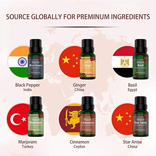 Aceites Esenciales Naturales, ESSLUX Spicy Aceites Esenciales Para Humidificador Difusor 6x10 ML Set 100% Puro - Pimienta negra, Canela, Mejorana, Jengibre, Anís estrellado, Albahaca