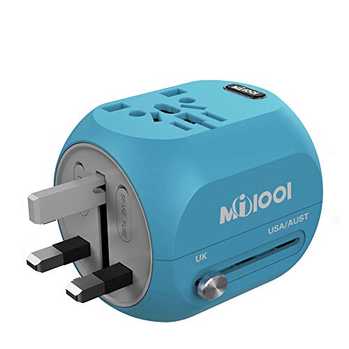 Adaptador Enchufe, Milool Cargador USB + Tipo C Puertos, Adaptadores Multiples de Viajes Universal con Dos Seguridad de Fusibles de Corriente para EEUU,AU,Asia,Estados Unidos más de 150 Países (Azul