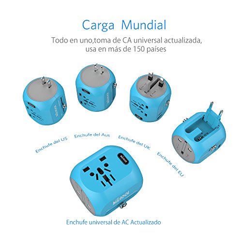 Adaptador Enchufe, Milool Cargador USB + Tipo C Puertos, Adaptadores Multiples de Viajes Universal con Dos Seguridad de Fusibles de Corriente para EEUU,AU,Asia,Estados Unidos más de 150 Países (Azul