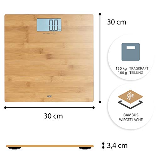 ADE Báscula de baño digital Martina BE925. Balanza personal electrónica hecha en 100% Bambu. Capacidad hasta 150kg. Pantalla LCD. Incluye baterías. Color Madera