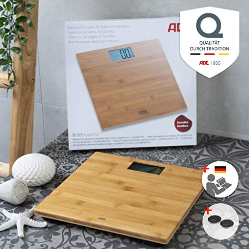 ADE Báscula de baño digital Martina BE925. Balanza personal electrónica hecha en 100% Bambu. Capacidad hasta 150kg. Pantalla LCD. Incluye baterías. Color Madera