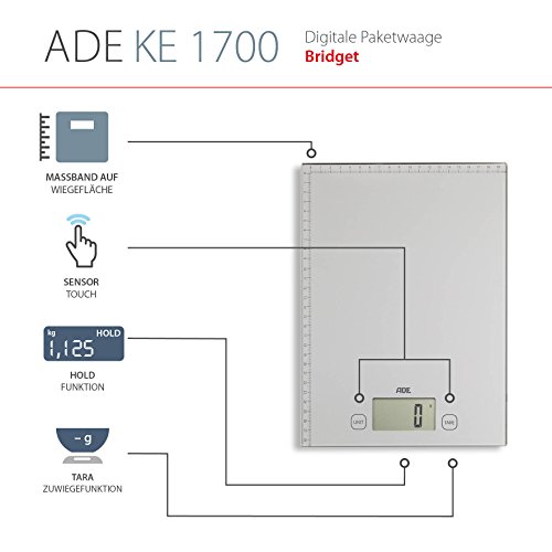 ADE Báscula digital multifunción KE1700 Bridget. Pesa y mide hasta 20 Kg. Báscula de paquetes. Cinta métrica. Incluye las baterías. Color Plata