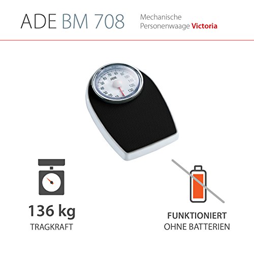 ADE Báscula mecánica de baño  BM708 Victoria. Tipo medico. Metal robusto y goma antideslizante (Negro-plata)