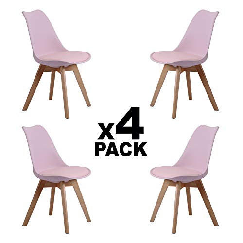 Adec - Bistro, Pack 4 Sillas de Comedor, Sillas de Salon, Cocina Estilo Nordico, Tapizado Simil Piel Rosa y Patas de Madera, Medidas: 48 cm (Ancho) x 54 cm (Fondo) x 84 cm (Alto)