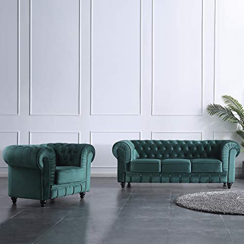 Adec - Chesterfield, Sofa Individual de una Plaza, Sillon Descanso una 1 Persona, butaca Acabado en capitone Color Velvet Verde, Medidas: 115 cm (Ancho) x 84 cm (Fondo) 75 cm (Alto)