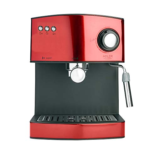 Adler AD 4404r Cafetera Expreso Automática, 15 Bares, Vaporizador para Leche, 1,6 Litros, 850W, 850 W, 1 Liter, 0 Decibeles, Acero Inoxidable, Negro, Rojo, Plata