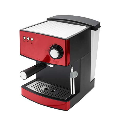 Adler AD 4404r Cafetera Expreso Automática, 15 Bares, Vaporizador para Leche, 1,6 Litros, 850W, 850 W, 1 Liter, 0 Decibeles, Acero Inoxidable, Negro, Rojo, Plata