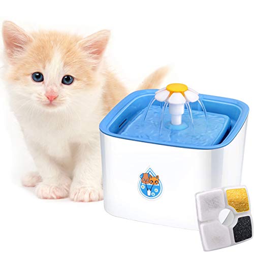 ADOV Fuente para Gatos, 2.5L Dispensador Automático de Agua Eléctrico con 3 Etapas Filtración, Flor Portátil Estilo Bebedero para Gatos, Perros y Pequeños Animales, (Azul)