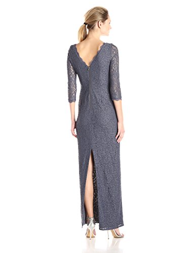 Adrianna Papell Women's 3/4 Sleeve Lace Gown with V-Back, Gunmetal, 14