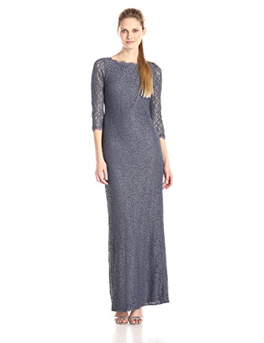 Adrianna Papell Women's 3/4 Sleeve Lace Gown with V-Back, Gunmetal, 14