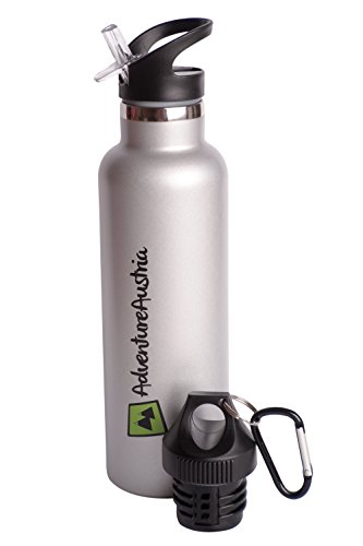 AdventureAustria Botella de Agua Deportiva de Acero Inoxidable Aislante al Vacío - Cantimplora Térmica Boca Ancha a Prueba de Fugas y Pajita para Bebidas Calientes y Frías. (Tamaño 750ml)