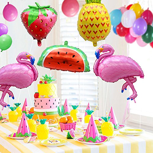 AerWo 2pcs Globos de Flamenco y 1pcs Globo de piña Decoraciones de Fiesta Hawaiana con Fresa, Globo de sandía y 20pcs Globos de látex Mini para Decoraciones de Fiesta de cumpleaños y Baby Shower