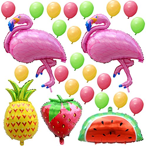 AerWo 2pcs Globos de Flamenco y 1pcs Globo de piña Decoraciones de Fiesta Hawaiana con Fresa, Globo de sandía y 20pcs Globos de látex Mini para Decoraciones de Fiesta de cumpleaños y Baby Shower