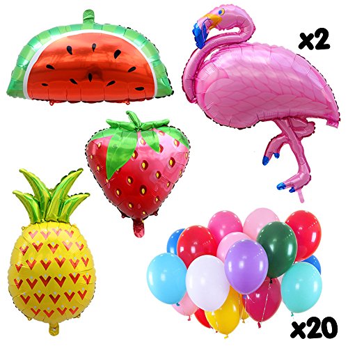 AerWo 2pcs Globos de Flamenco y 1pcs Globo de piña Decoraciones de Fiesta Hawaiana con Fresa, Globo de sandía y 20pcs Globos de látex Mini para Decoraciones de Fiesta de cumpleaños y Baby Shower