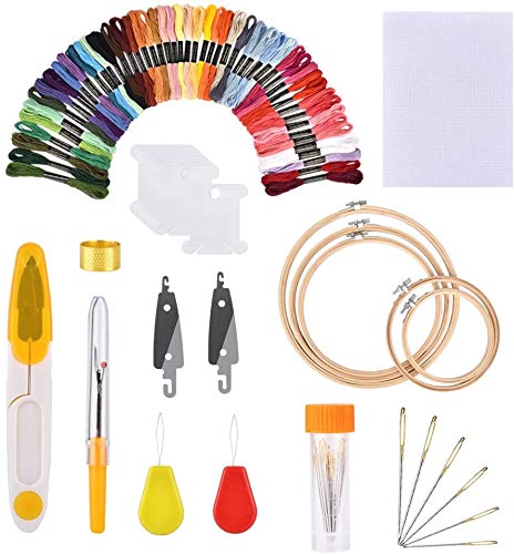 AFDEAL Kit de Inicio de Bordado,Kit de Herramienta de Punto de Cruz,5 Piezas Aros de Bambú, 100 Hilos de Color, 12 Por 18 Pulgadas Set de 14 Agujas y Reserva Clásica Aida y Agujas