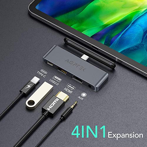 AGPTEK 4 EN 1 Hub USB C para iPad Pro 2018, 2020, Adaptador USB C a HDMI 4K, Auriculares de 3.5 mm, Carga PD, Compatible con Macbook, DELL XPS, Samsung S8/S9/Note8 y Más Dispositivos de Tipo C, Gris