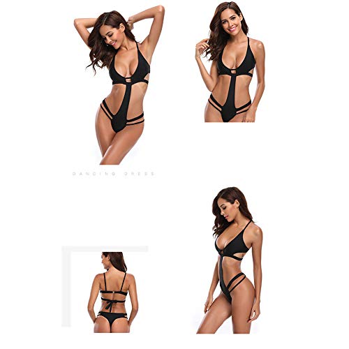 A$HC Traje de baño de una sola pieza para mujer, espalda abierta, color sólido, corte de cintura alta, traje de baño Monokini Playa, negro, XL