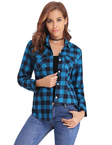 Aibrou Camisa de Cuadros para Mujer,Algodón Blusas Franela de Manga Larga Casual Clásica con Botones,Camisas a Cuadras para Primavera Otoño Invierno