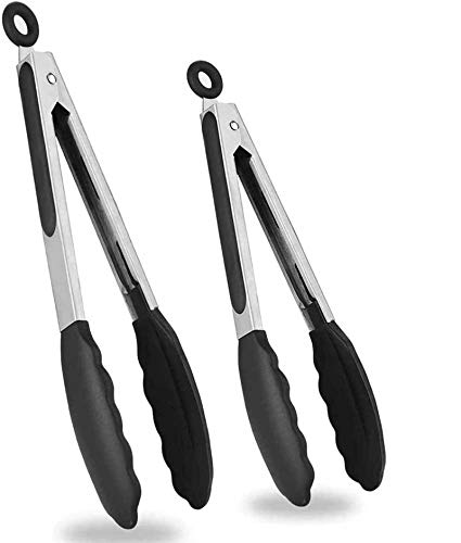 AidShunn (9"+12" negro) Pinzas de cocina para alimentos, antideslizantes y de fácil agarre, resistente al calor, útil utensilio para cocinar, servir, barbacoa, ensalada, buffet, hielo