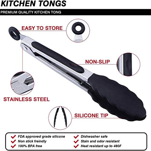 AidShunn (9"+12" negro) Pinzas de cocina para alimentos, antideslizantes y de fácil agarre, resistente al calor, útil utensilio para cocinar, servir, barbacoa, ensalada, buffet, hielo