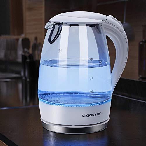 Aigostar Eve 30GON - Hervidor de Agua Eléctrico, Vidrio Borosilicato, con iluminación led, 1,7 litros, Libre de BPA, 2200 W, Base 360º, Filtro Antical, Doble Sistema de Seguridad, Diseño exclusivo.