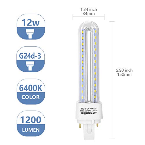 Aigostar- Pack de 5 Bombilla PLC 2U, tubo de12 W, Maiz G24, Luz fría 6400K