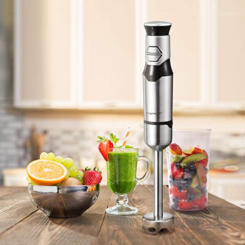 Aigostar Stirring Silver 30Iom ”“ Batidora de Mano, 600W, Control Graduable y dos Velocidades, Incluye Vaso Mezclador de 700Ml. Acero Inoxidable Tipo 304, Libre de Bpa. Diseño Exclusivo.