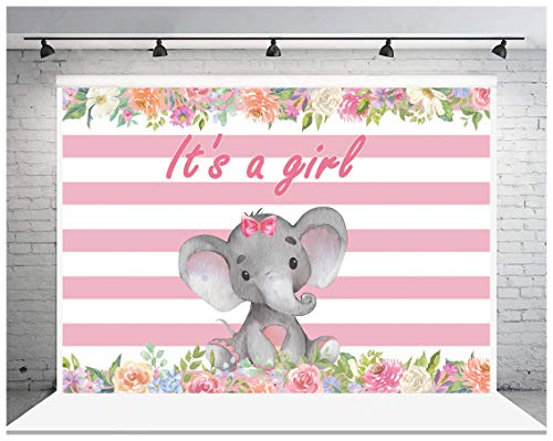 AIIKES 2.1Mx1.5M/7x5FT Niña Elefante Bebé Ducha Fondo Rosa Raya Flor Elefante Vinilo Fotografía Fondo Lindo Elefante Bebé Fiesta de Cumpleaños Fondo Party Decoración Backdrop 11-537