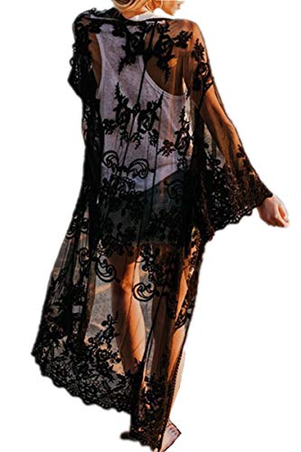 AiJump Caftán floral de encaje de la cubierta del bikini Hasta Bohemia vestido maxi del bañador del kimono para Mujer Talla nica Negro, Negro 2