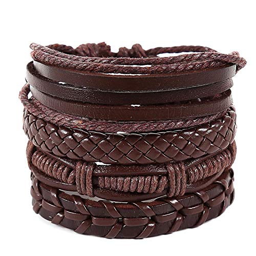 AIMICONG Pulsera Hombre 4 Unids/Set Hecho A Mano Boho Hippie Cuerda De Cuero Negro Cuerda ala Mano Hojas Brújula Encanto Apilable Pulseras De Abrigo para Hombre P