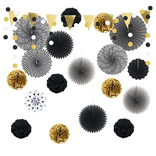 AirSMall 21pcs decoración para fiestas,6 abanicos de papel para colgar, 8 pompones de flores, 4 abanicos huecos de papel, 1 guirnalda de puntos y 1 banderines triangulares para Halloween, negro dorado