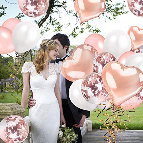 AivaToba 36 piezas Globo de Confeti de oro rosa, helio globos con Globo de Confeti,Globos blancos, Globo de amor de papel de aluminio,Globos de Fiesta de látex para Decoraciones de cumpleaños