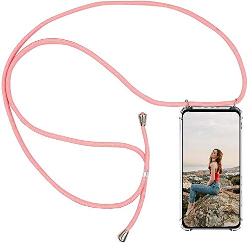 AKC Funda con Cuerda Compatible para Huawei Mate 20 Pro Carcasa Colgante Cadena Acrílico Caso con Ajustable Collar Correa Anti-Choque Case-Rosado