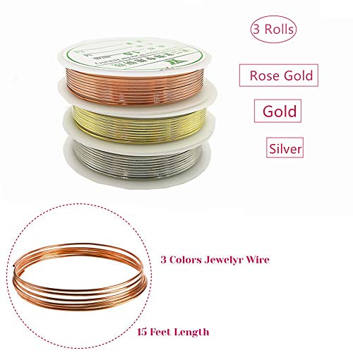 Alambre de alambre para joyería de calibre 18 resistente al deslustre, 3 rollos de alambre para joyería y manualidades (plata, oro y oro rosa)