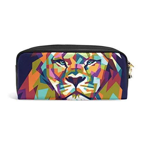 ALARGE Colorido Abstracto Animal Lion PU Cuero Estuche Pluma Bolso Lápiz Bolso Cremallera Maquillaje Cosmético Viaje Escolar Bolsa