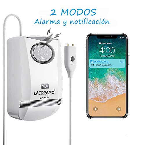 Alarma de agua LACORAMO, detector de agua WiFi de 130dB, control de la aplicación TuYa y Smart Life, sensor de fugas para sótano, garaje, lavadora y baño