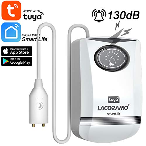 Alarma de agua LACORAMO, detector de agua WiFi de 130dB, control de la aplicación TuYa y Smart Life, sensor de fugas para sótano, garaje, lavadora y baño