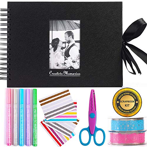 Álbum de fotos para álbumes de recortes Inicia, 80 páginas, kit con 5 bolígrafos metálicos, tijeras y 216 esquinas de fotos más 2 rollos de cintas de encaje, perfecto para regalos o para ti mismo.