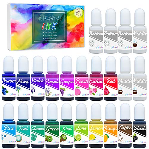 Alcohol Ink Set - 24 Colores Tinta Alcohol para Pintura de Resina Epoxi, Fabricación de Placas Petri Resina - 18 Colores y 6 Tintes de Alcohol Blanco para Arte de Resina, Vasos, Pintura - 24 x 10 ml