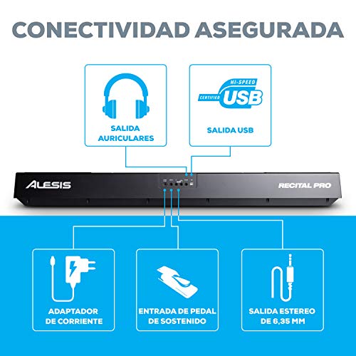 Alesis Recital Pro - Piano Eléctrico Digital con Teclado de 88 Teclas de Acción Martillo, 12 Premium Voces y Altavoces incorporados