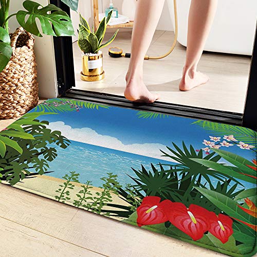 Alfombra De Baño Cocina,Hoja, playa, tema, isla, jungla, orilla del mar, vista al mar, con flores lat,Alfombrilla de baño con Ducha Antideslizante Lavable a máquina para baño y Sala de Estar 60x100 cm