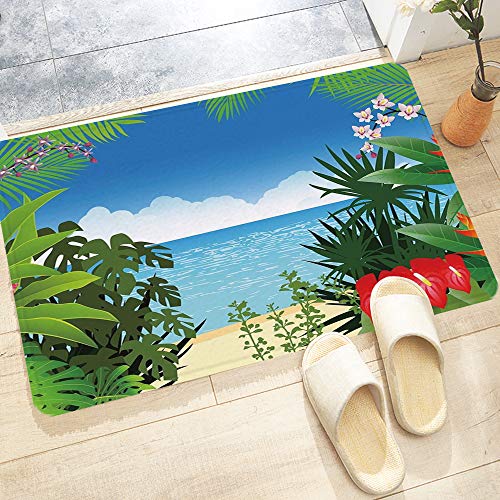 Alfombra De Baño Cocina,Hoja, playa, tema, isla, jungla, orilla del mar, vista al mar, con flores lat,Alfombrilla de baño con Ducha Antideslizante Lavable a máquina para baño y Sala de Estar 60x100 cm